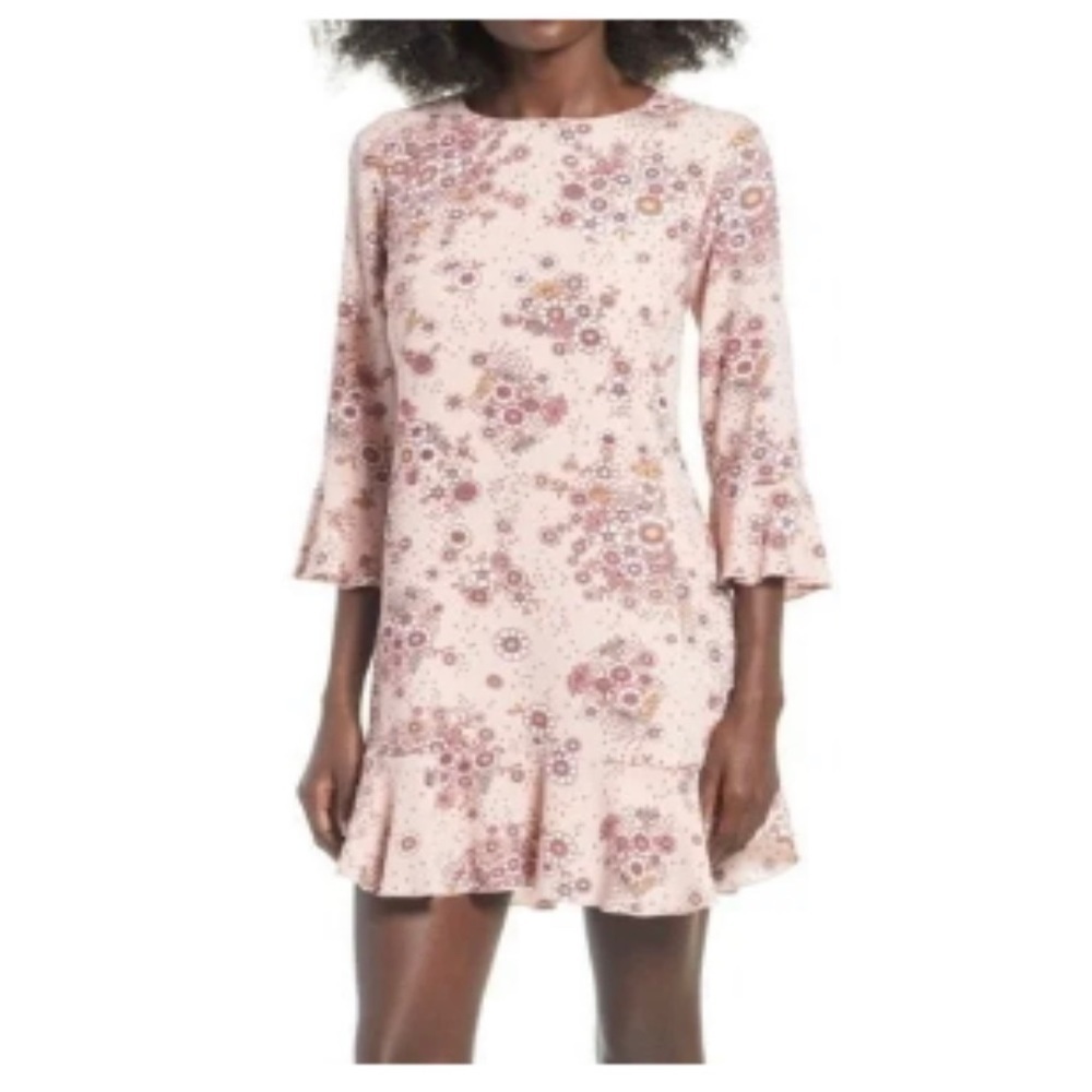 Leith Pink Floral 3/4 Ruffle Sleeve Dress SZ L